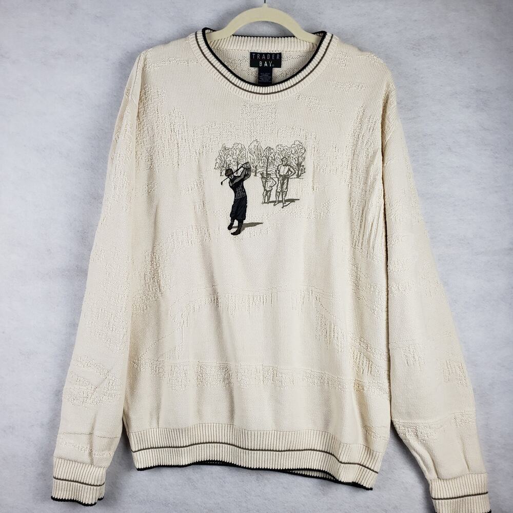 Vintage Trader Bay Men's L Traditional Golfer Knit Crewneck‎ Sweater Beige Cream